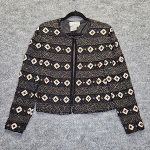 Papell Boutique Evening Jacket Womens Medium Black Beaded Silk Embellished